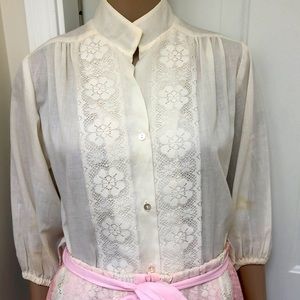 VTG 70s Carefree Fashions Cream Blouse Puff Sleeves Lace Boho Prairie Western